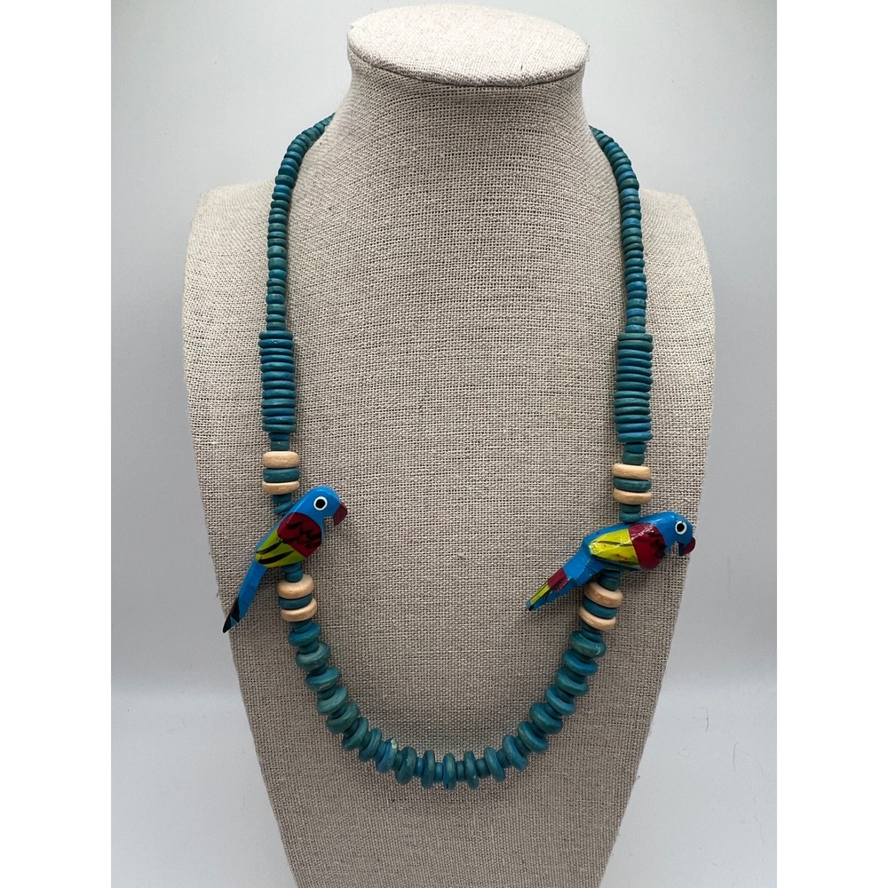 Parrot Necklace Wood Bird Tropical Boho Coastal Beachy Blue Coconut Shell
